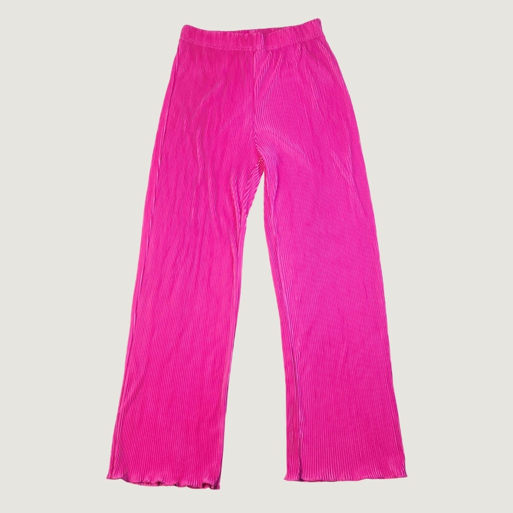 Unbranded‎ Women Plissé Wide Leg Pants Size Large Pink Pleated Lettuce Hem Q19